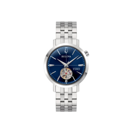 Reloj Bulova Aerojet Automatic 96A320. Género: Hombre. Material: Acero. Tamaño: De 32mm a 38mm. Correa: Acero. Color esfera: Azul. Estilo: Clásico,Cocktail. Movimiento: Automático. Características técnicas: Hora y segundero,Reserva de marcha