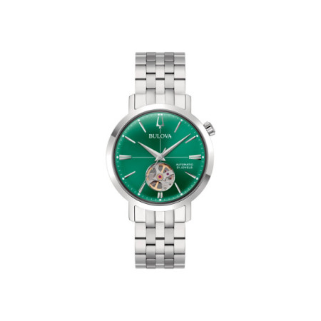 Reloj Bulova Aerojet Automatic 96A319. Género: Hombre. Material: Acero. Tamaño: De 32mm a 38mm. Correa: Acero. Color esfera: Verde. Estilo: Clásico,Cocktail. Movimiento: Automático. Características técnicas: Hora y segundero,Reserva de marcha