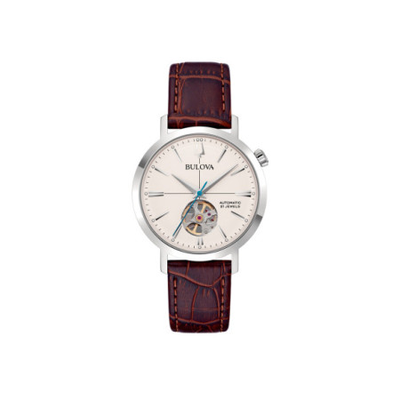 Reloj Bulova Aerojet Automatic 96A318. Género: Hombre. Material: Acero. Tamaño: De 32mm a 38mm. Correa: Piel. Color esfera: Beige. Estilo: Clásico,Cocktail. Movimiento: Automático. Características técnicas: Hora y segundero,Reserva de marcha