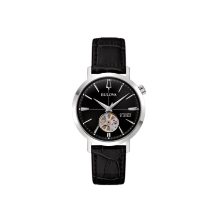 Reloj Bulova Aerojet Automatic 96A317. Género: Hombre. Material: Acero. Tamaño: De 32mm a 38mm. Correa: Piel. Color esfera: Negro. Estilo: Clásico,Cocktail. Movimiento: Automático. Características técnicas: Hora y segundero,Reserva de marcha
