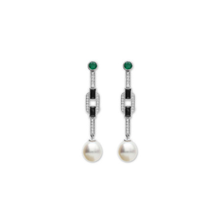 Pendientes Oro Blanco, Esmeralda, Diamantes, Ónix Y Perla Australiana. Género: Mujer. Material: Oro blanco. Piedras: Diamantes,Esmeraldas,Onix,Perlas