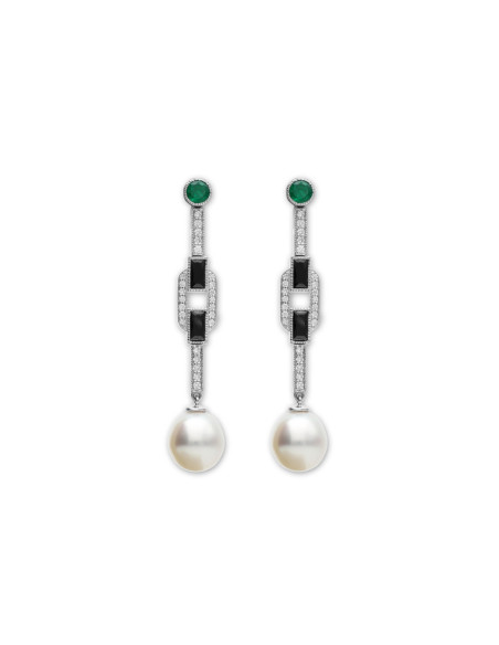 Pendientes Oro Blanco, Esmeralda, Diamantes, Ónix Y Perla Australiana