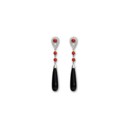 Pendientes Oro Blanco, Diamantes, Coral Y Ónix. Género: Mujer. Material: Oro blanco. Piedras: Diamantes,Coral,Onix