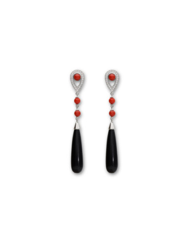 Pendientes Oro Blanco, Diamantes, Coral Y Ónix