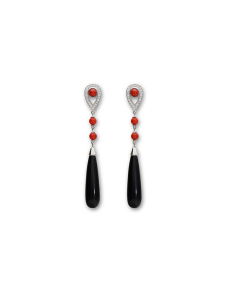 Pendientes Oro Blanco, Diamantes, Coral Y Ónix