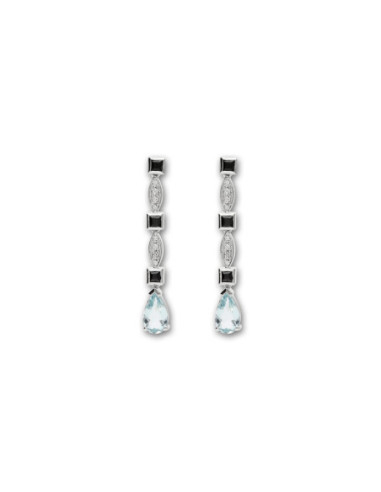 Pendientes Oro Blanco, Ónix, Aguamarina Y Diamantes