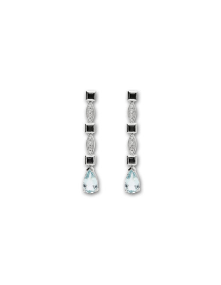 Pendientes Oro Blanco, Ónix, Aguamarina Y Diamantes