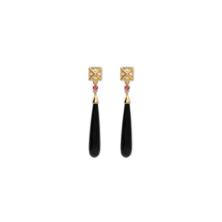 Pendientes Oro Amarillo, Rubí, Diamantes y Ónix. Género: Mujer. Material: Oro amarillo. Piedras: Diamantes,Rubies,Onix