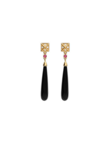 Pendientes Oro Amarillo, Rubí, Diamantes y Ónix