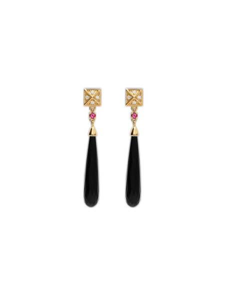 Pendientes Oro Amarillo, Rubí, Diamantes y Ónix