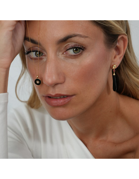 Pendientes Oro Amarillo, Rubí, Diamantes y Ónix