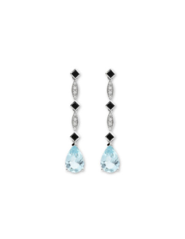 Pendientes Oro Blanco, Diamantes, Ónix Y Aguamarina