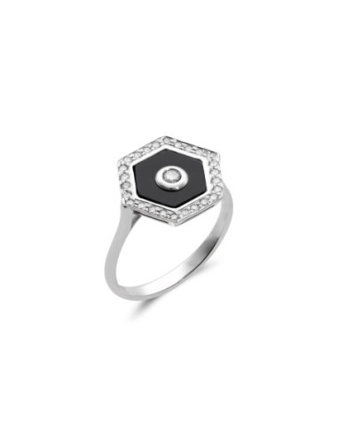 Anillo Oro Blanco, Diamantes Y Ónix