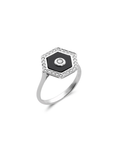 Anillo Oro Blanco, Diamantes Y Ónix