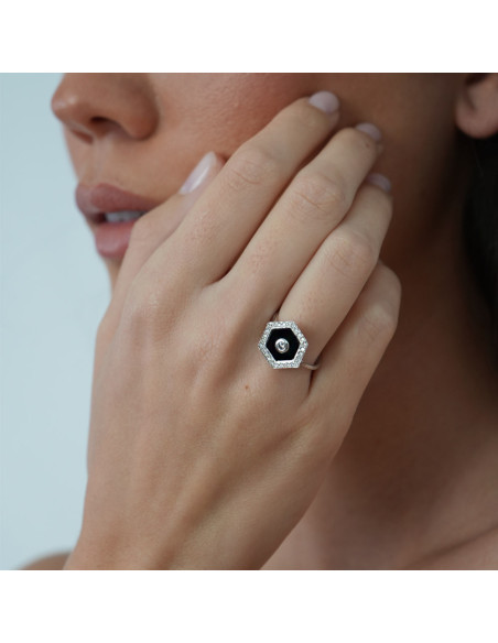Anillo Oro Blanco, Diamantes Y Ónix