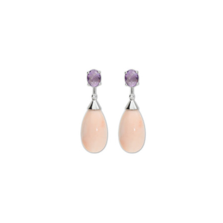 Pendientes Oro Blanco, Amatista, Diamante Y Coral. Género: Mujer. Material: Oro blanco. Piedras: Diamantes,Amatistas,Coral