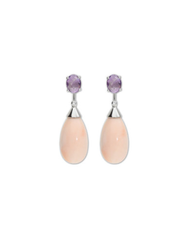 Pendientes Oro Blanco, Amatista, Diamante Y Coral