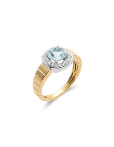 Anillo Oro Amarillo-Blanco, Aguamarina Y Diamantes