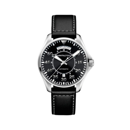 Reloj Khaki Aviation Pilot Day Date Auto H64615735. Género: Hombre. Material: Acero. Tamaño: De 39mm a 42mm. Correa: Piel. Color esfera: Negro. Estilo: Aviador. Movimiento: Automático. Características técnicas: Hora y segundero,Calendario,Reserva de marcha