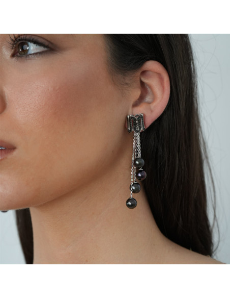 Pendientes Oro Blanco, Diamantes Y Perlas