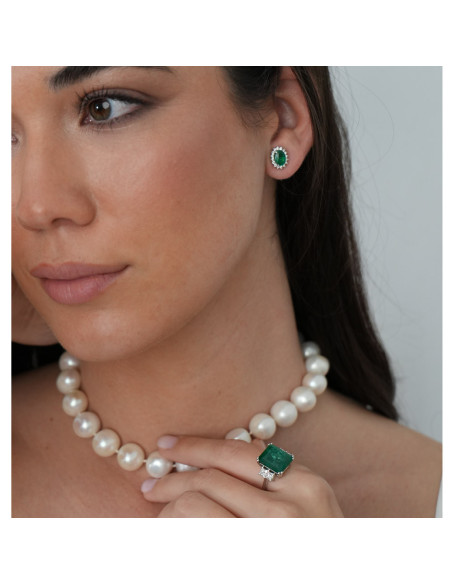 Pendientes Oro Blanco, Esmeralda Y Diamantes