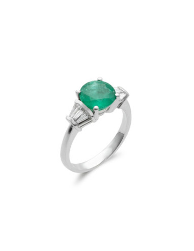 Anillo Oro Blanco, Esmeralda Y Diamantes