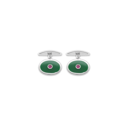 Gemelos Plata, Rubí Y Esmalte Verde. Género: Hombre. Material: Plata. Piedras: Rubies