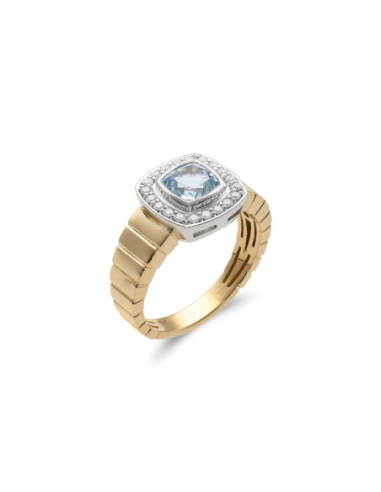 Anillo Oro Amarillo-Blanco, Aguamarina Y Diamantes