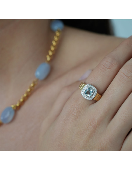Anillo Oro Amarillo-Blanco, Aguamarina Y Diamantes