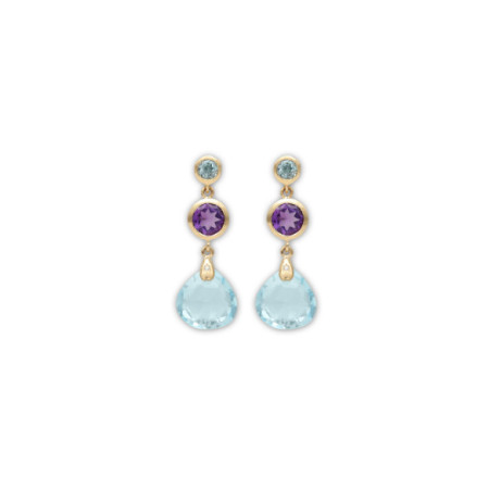 Pendientes Oro Amarillo, Diamante, Topacios Y Amatista. Género: Mujer. Material: Oro amarillo. Piedras: Amatistas,Diamantes,Topacio azul
