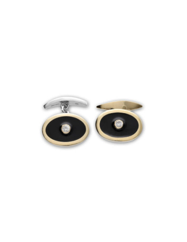 Gemelos Plata-Oro Amarillo, Circonita Y Esmalte Negro