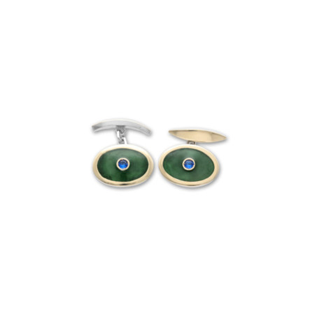 Gemelos Plata-Oro Amarillo, Zafiro Y Esmalte Verde. Género: Hombre. Material: Plata,Oro amarillo. Piedras: Zafiros