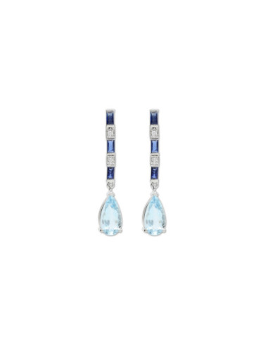 Pendientes Oro Blanco, Zafiros, Diamantes Y Aguamarina