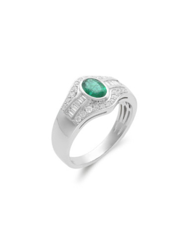 Anillo Oro Blanco, Esmeralda Y Diamantes