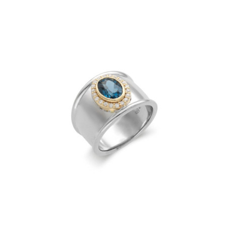 Anillo Oro Blanco-Amarillo, Topacio Y Diamantes. Género: Mujer. Material: Oro amarillo,Oro blanco. Piedras: Diamantes,Topacio azul