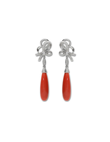 Pendiente Oro Blanco, Coral Y Diamantes