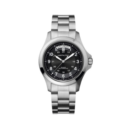 Reloj Hamilton Khaki King H64455133. Género: Mujer,Hombre. Material: Acero. Tamaño: De 39mm a 42mm. Correa: Acero. Color esfera: Negro. Estilo: Casual,Aviador. Movimiento: Automático. Características técnicas: Hora y segundero,Calendario,Reserva de marcha