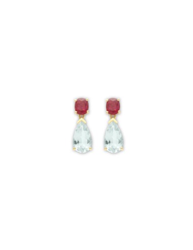 Pendientes Oro Amarillo, Rubí Y Aguamarina