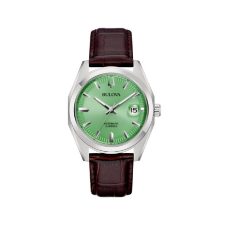 Reloj Bulova Surveyor Mecha Classic 96B427. Género: Hombre. Material: Acero. Tamaño: De 39mm a 42mm. Correa: Piel. Color esfera: Verde. Estilo: Cocktail,Clásico. Movimiento: Automático. Características técnicas: Hora y segundero,Calendario,Reserva de marcha