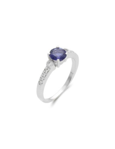 Anillo Oro Blanco, Iolita Y Diamantes