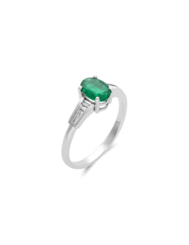 Anillo Oro Blanco, Esmeralda Y Diamantes