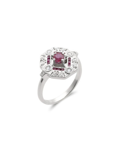 Anillo Oro Blanco, Rubíes Y Diamantes