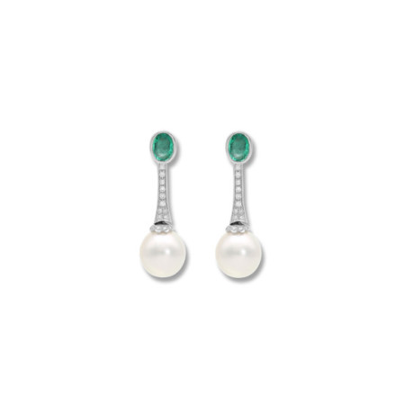 Pendientes Oro Blanco, Esmeralda, Diamantes Y Perla Australiana. Género: Mujer. Material: Oro blanco. Piedras: Diamantes,Esmeraldas,Perlas