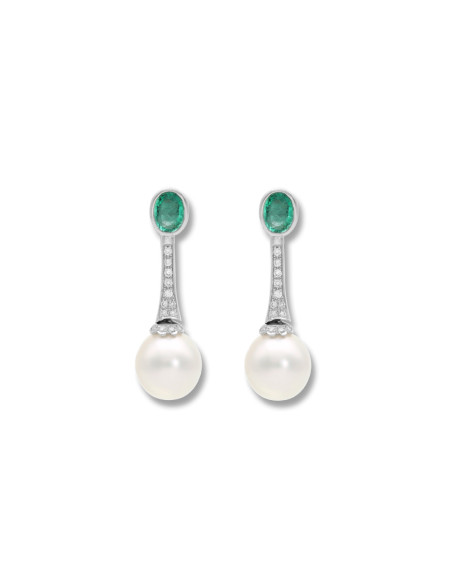 Pendientes Oro Blanco, Esmeralda, Diamantes Y Perla Australiana