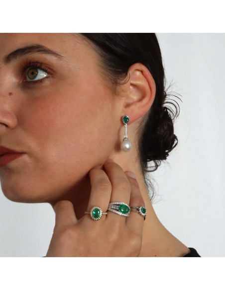 Pendientes Oro Blanco, Esmeralda, Diamantes Y Perla Australiana
