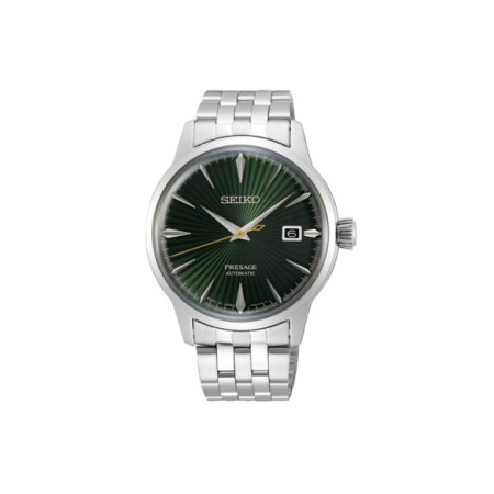 Reloj Seiko Presage Cocktail Time SRPE15J1. Género: Hombre. Material: Acero. Tamaño: De 39mm a 42mm. Correa: Acero. Color esfera: Verde. Estilo: Cocktail. Movimiento: Automático. Características técnicas: Hora y segundero,Calendario,Reserva de marcha