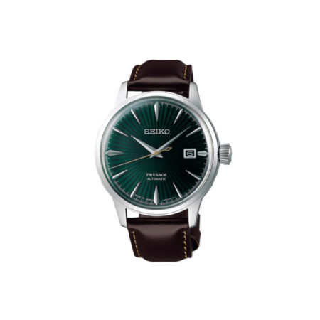 Reloj Seiko Presage Cocktail Time SRPD37J1. Género: Hombre. Material: Acero. Tamaño: De 39mm a 42mm. Correa: Piel. Color esfera: Verde. Estilo: Cocktail. Movimiento: Automático. Características técnicas: Hora y segundero,Calendario,Reserva de marcha
