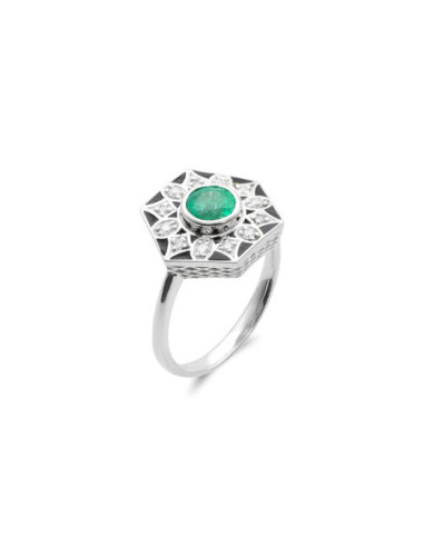 Anillo Oro Blanco, Esmeralda, Diamantes Y Esmalte