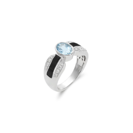 Anillo Oro Blanco, Aguamarina, Diamantes Y Ónix. Género: Mujer. Material: Oro blanco. Piedras: Diamantes,Aguamarinas,Onix