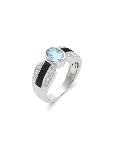 Anillo Oro Blanco, Aguamarina, Diamantes Y Ónix